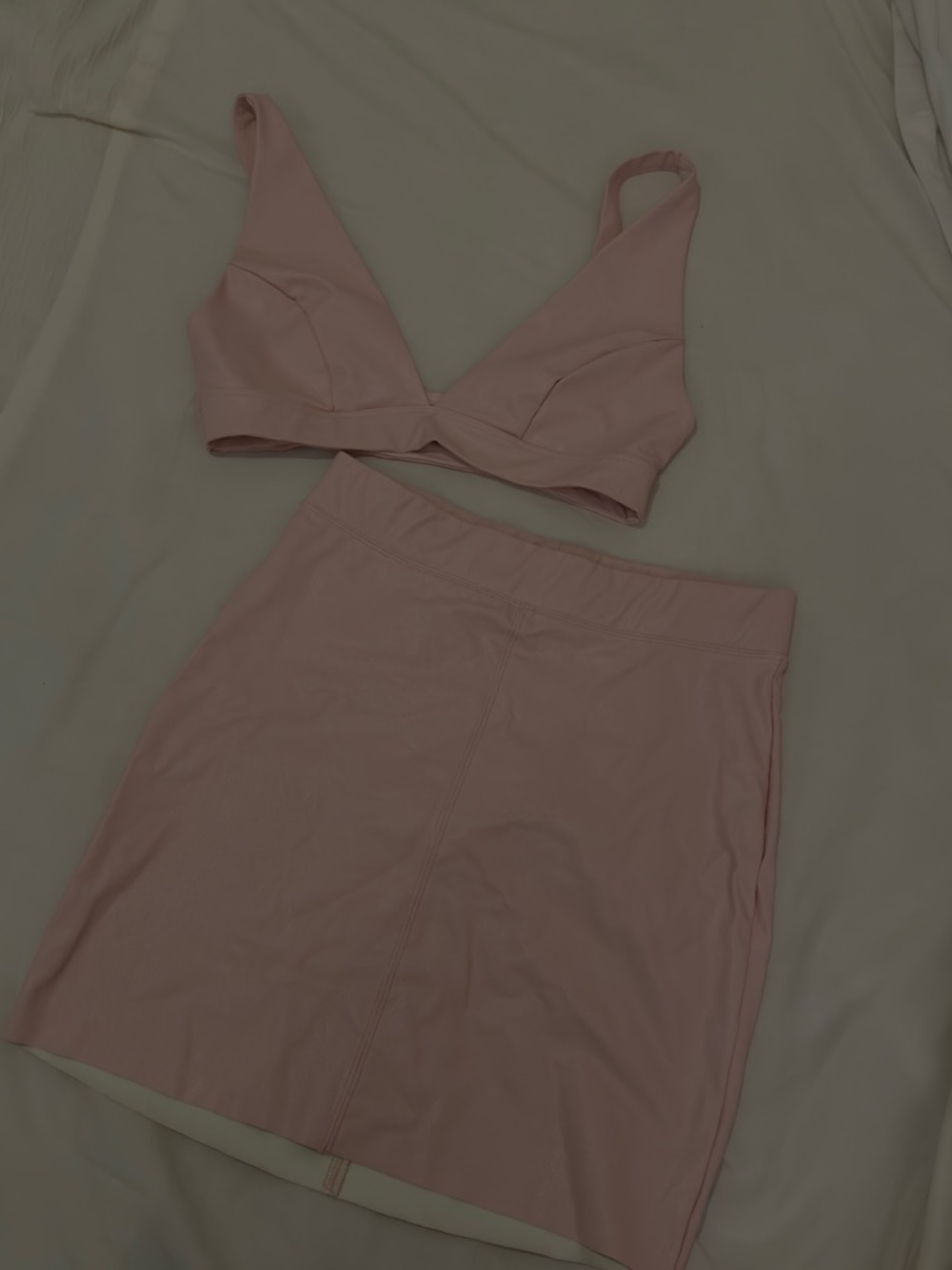 naked wardrobe Blush Vegan Leather V-Neck Bustier top and bottom two-piece set